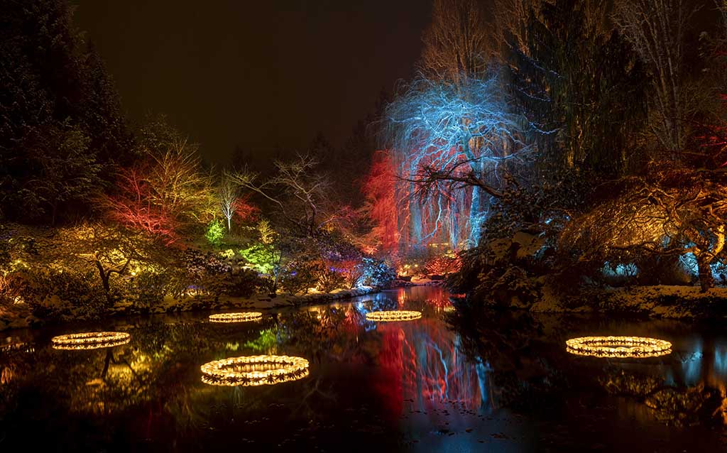 Five golden rings light up the Sunken Garden Lake. Credit: The Butchart Gardens